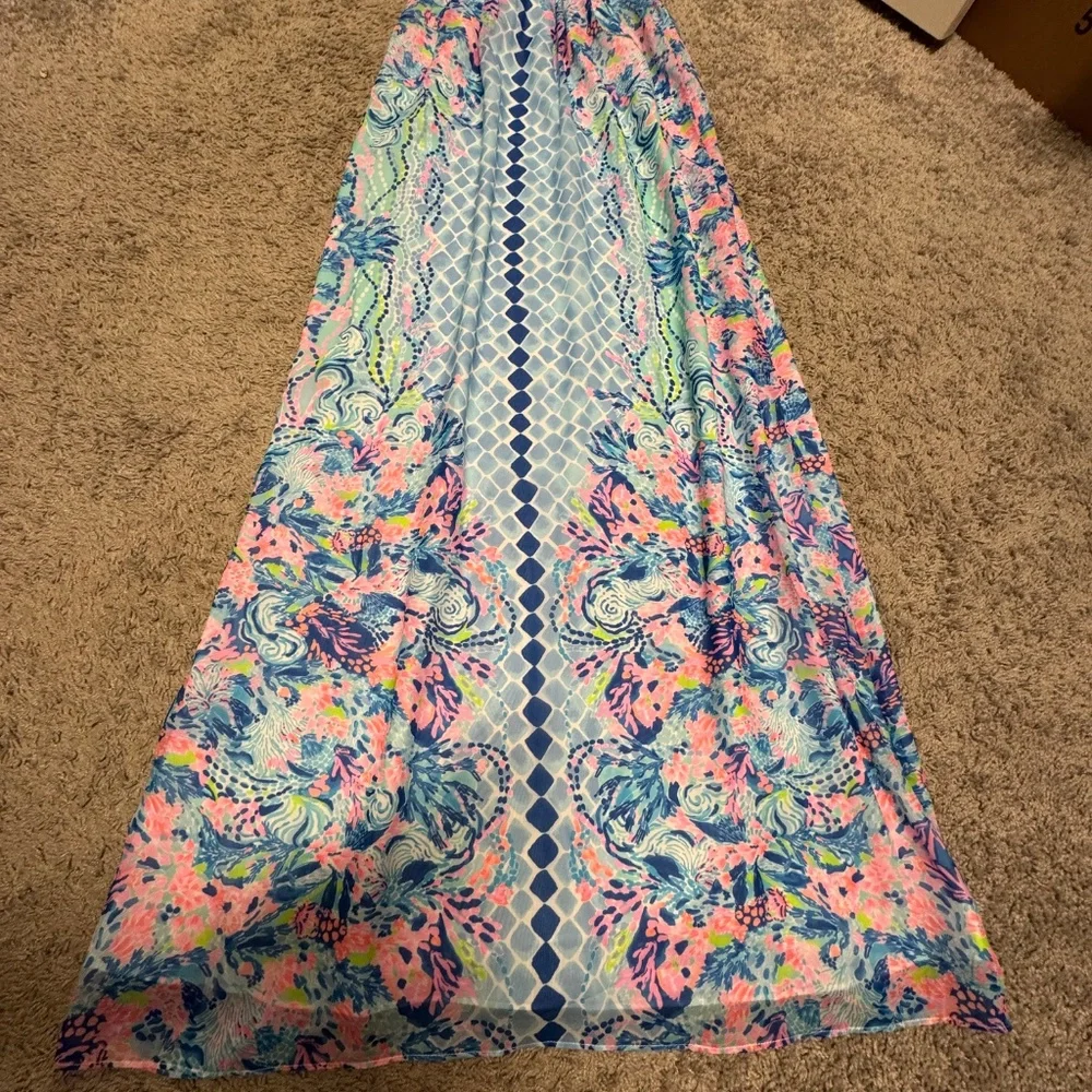 Lilly Pulitzer Blue Pink Floral Strapless Maxi Dress - Picture 2 of 9